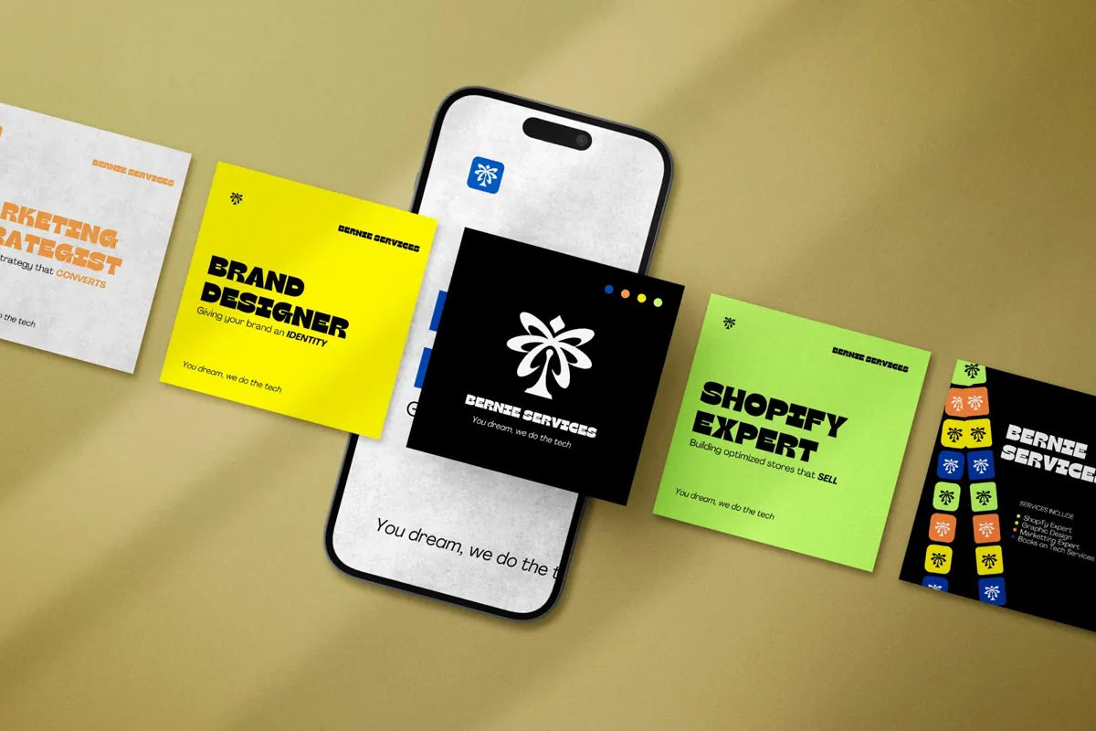 Bernie Services social posts shown on a phone mockup